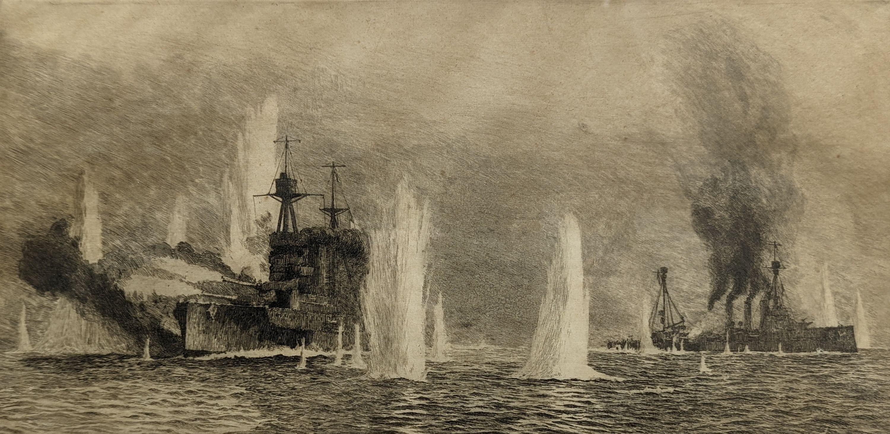 William Lionel Wyllie (1851-1931), etching, HMS Warspite and HMS Warrior at Jutland, signed in pencil, 21 x 42cm